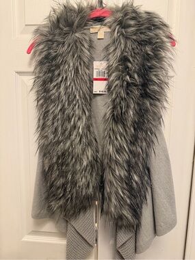 Michael Kors Faux Fur Trim Gray Open Front Vest XS